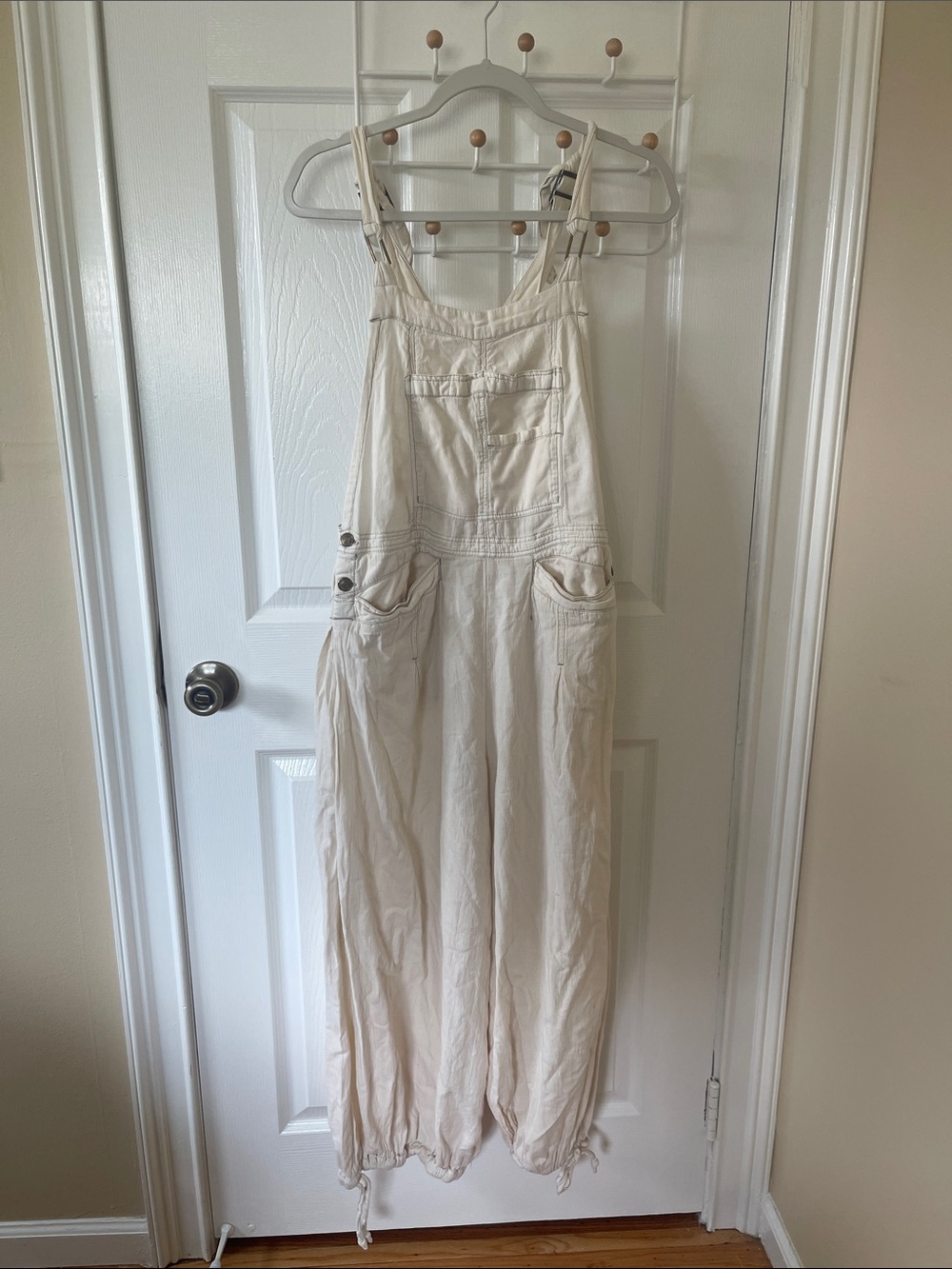 Free People Cream Wide-Leg Overalls with Front Bib